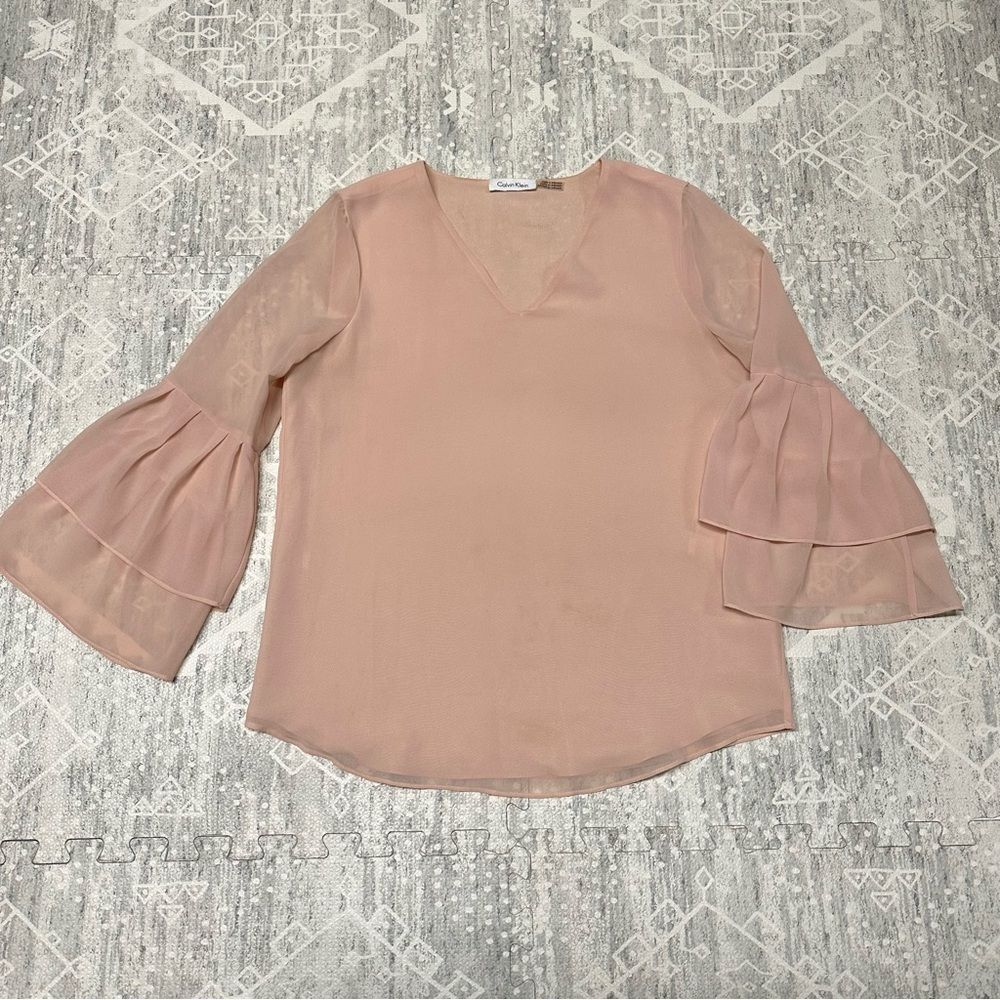 Calvin Klein Blush Pink V Neck Flounce Sleeve Office Career Blouse Top Size S